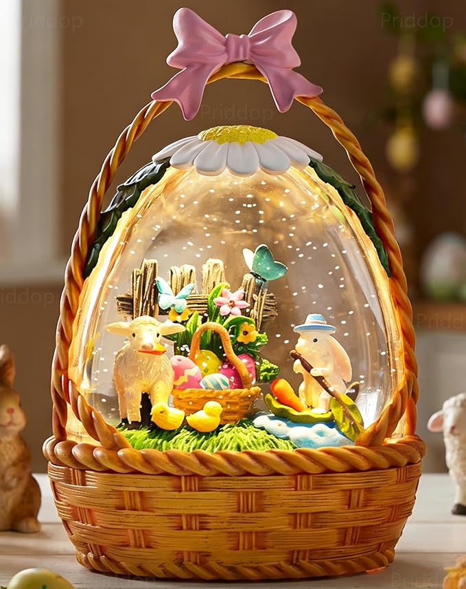 Easter Bunny Snow Globe Basket Egg Easter Decorations for Home Rabbit Sheep Chick Flower Butterfly Tabletop Glitter Snowfall USB/Battery Timer 9.5 inch