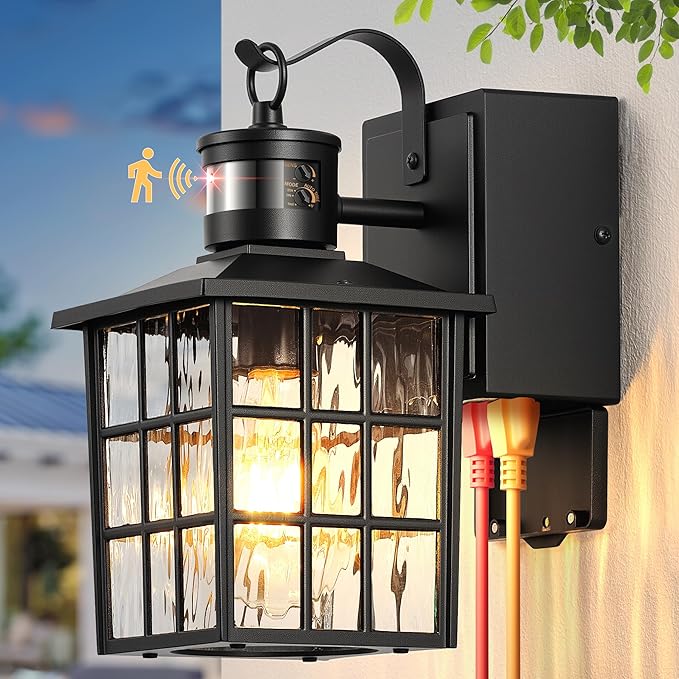 Gleamz Motion Sensor Outdoor Wall Lights with GFCI Outlet, Modern Black Exterior Lighting Fixtures Wall Mount Sconce for House Garage, Anti-Rust Dusk to Dawn Front Porch Light with Water-Ripple Glass