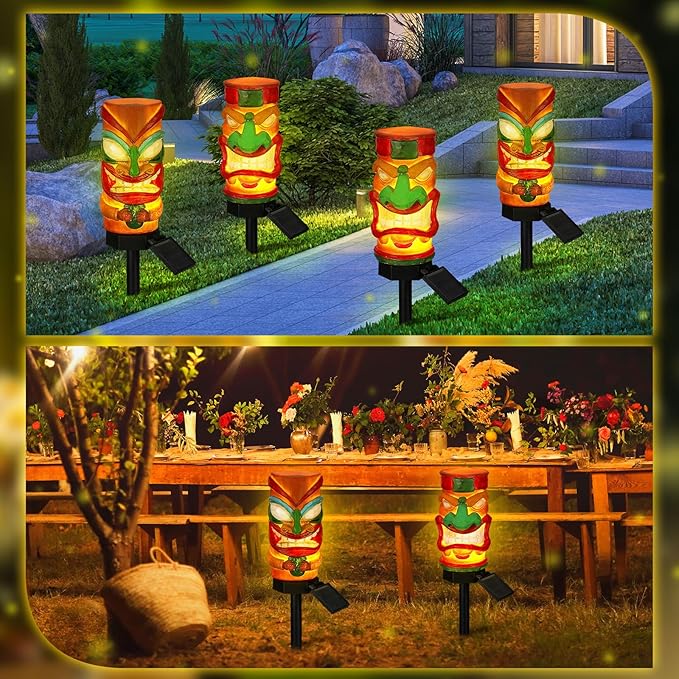 2 Pack Tiki Solar Lights 17 Inch Waterproof Outdoor Garden Decor Automatically Lighting Solar Statues for Yard Patio Balcony Lawn Tiki Bar Hawalian Luau Party