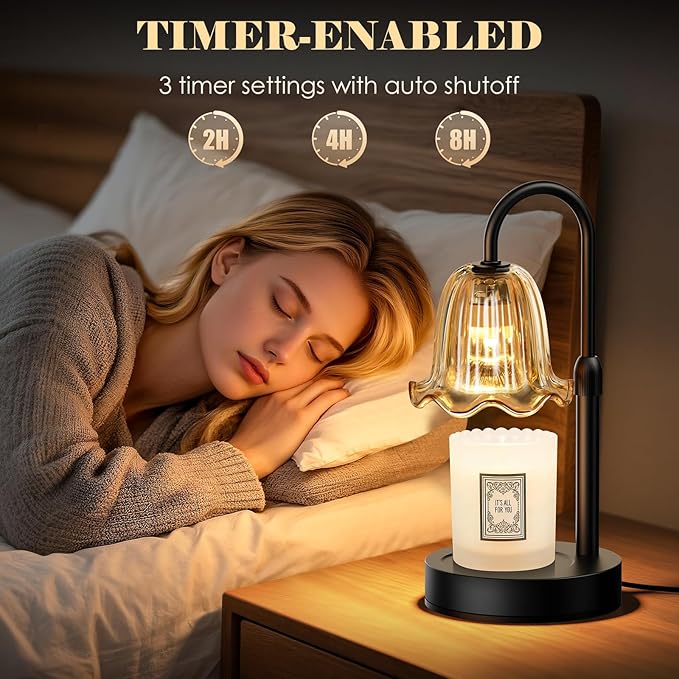 Candle Warmer Lamp with Timer, Birthday for Women Mom, House Warming Gifts Modern Farmhouse Home Decor, Dimmable Wax Melt Warmer for Jar Candles with 2 Bulbs (Amber)