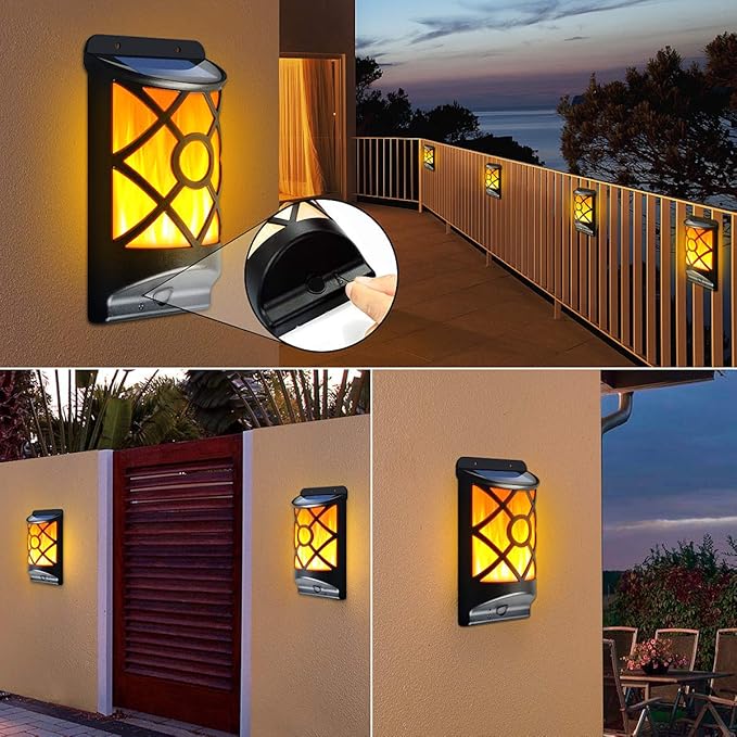 Solar Flame Lights Outdoor - Waterproof Wall Lanterns with Realistic 3D Flickering Flames, 66 Ultra Bright LED Fire Effect Light - Garden Decor for Patio, Fence, Deck - Auto On/Off (4 Pack)