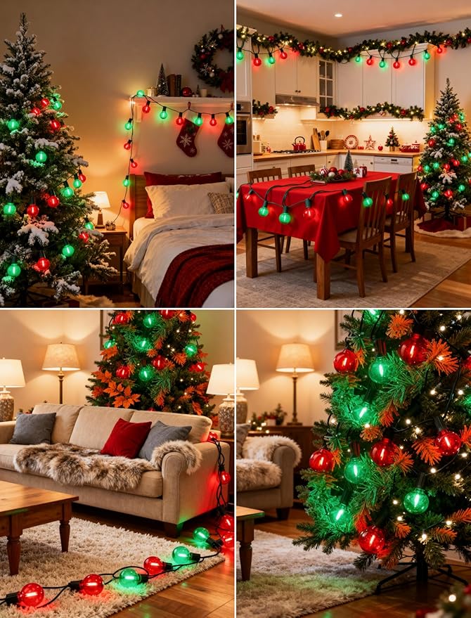 50Ft Clear Red and Green Outdoor LED Lights,G40 Globe Patio Christmas String Lights with 25 Ceramic Colorful Bulbs(2 Spare),Outside Christmas Hanging Lights for Christmas Tree Roofline Holiday Party