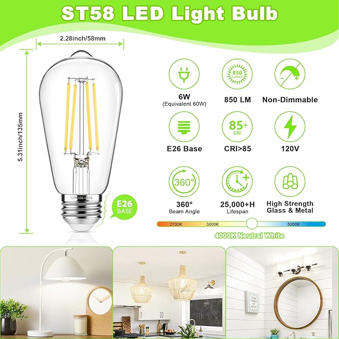 Vintage Edison Bulbs 60W Equivalent 850LM, 6W LED Light Bulb Neutral White 4000K, ST58 Filament Lighting E26 Base, Non-Dimmable, Pack of 6