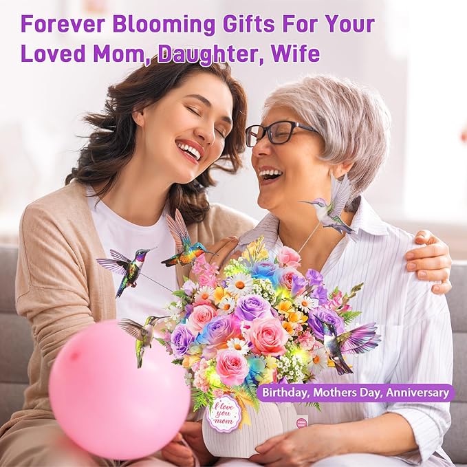 Mothers Day Card with Music & Lights, 3D Pop Up Mothers Day Gift, Hummingbird, 10 Inch Life Sized Forever Flower Bouquet Birthday Card For Mom, Women, Wife