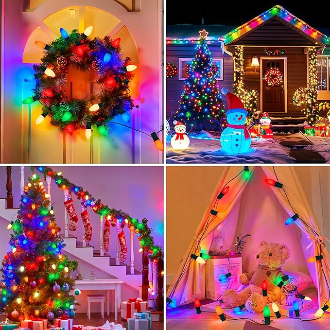 50FT C9 Multicolor Christmas Lights Outdoor, Vintage Christmas Lights Green Wire with 50+5 Multicolored C9 Ceramic Bulbs, Hanging String Light for Xmas Tree Home Yard Party Decor, 7W, E17 Base
