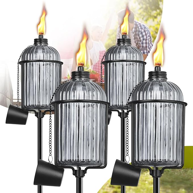 4 Pack Gray Glass Garden Torch, Colorful Outdoor Torch Garden Décor,61-Inch Upgraded Citronella Torches with 3-Prong Grounded Stake, Metal Light Torches for Party Patio Pathway