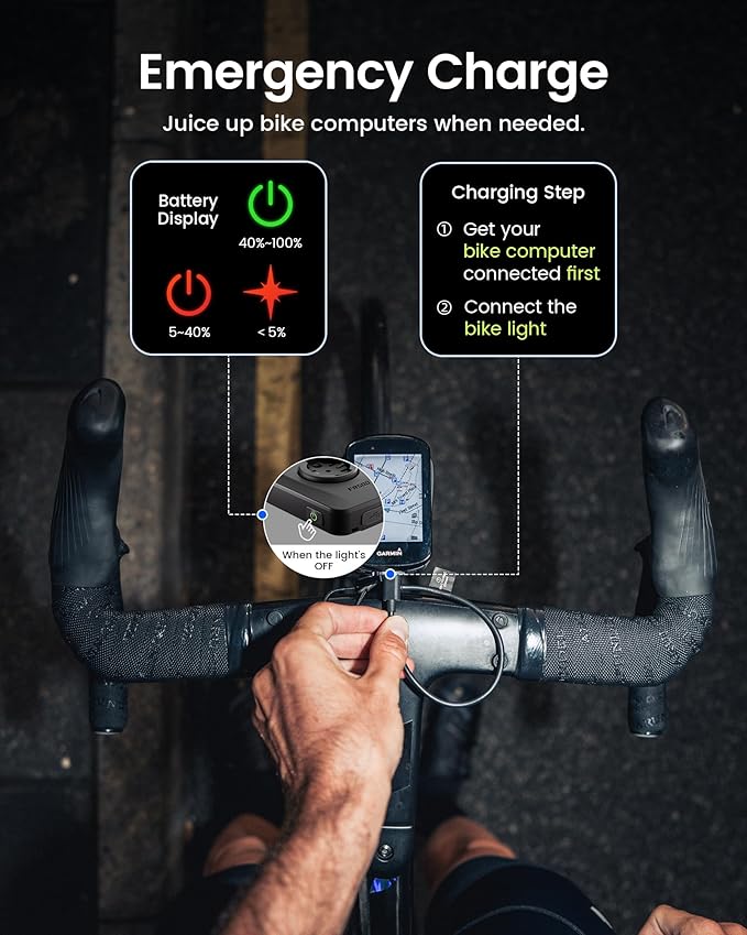 RAVEMEN FR500 Bike Front Light for Night Daytime Riding, Compatible with Garmin/Wahoo Computers, 6 Modes, Auto On/Off, Side Visible, USB-C Rechargeable & Output Bicycle Headlight for Road Urban Biking