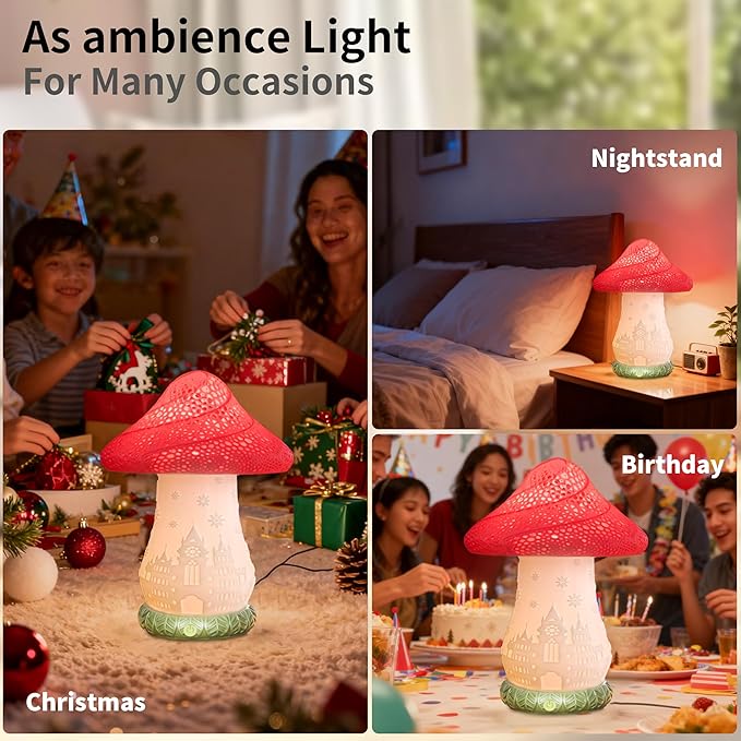 Mushroom Lamp, Battery Operated Bedside Lamp, 3-Way Dimmable Touch Lamp, Auto-Rotating Rechargeable LED Night Light for Bedroom, Living Room