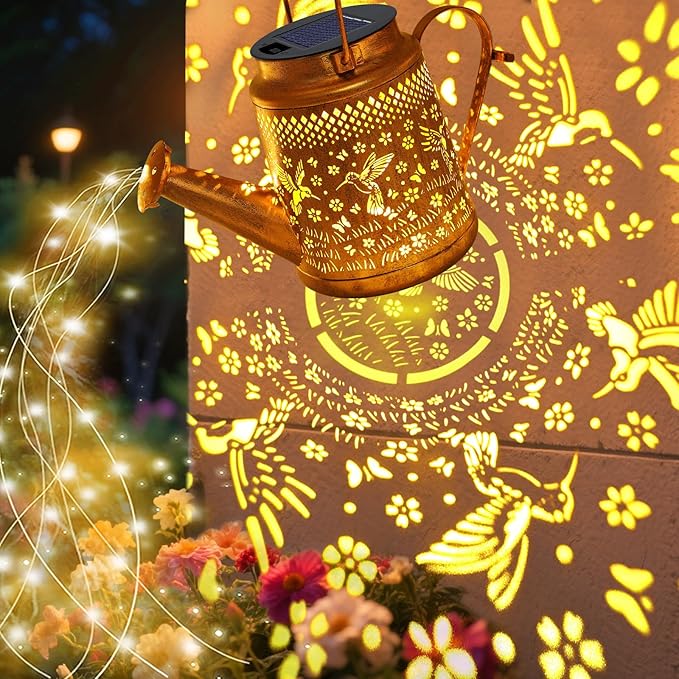 VOOKRY 2 Pack Hummingbird Metal Solar Watering Can Lights, Solar Lights Outdoor Waterproof, Birthday Gifts for Women Mom Grandma, Hanging Lanterns Decorative Garden Decor for Outside Yard Patio Lawn