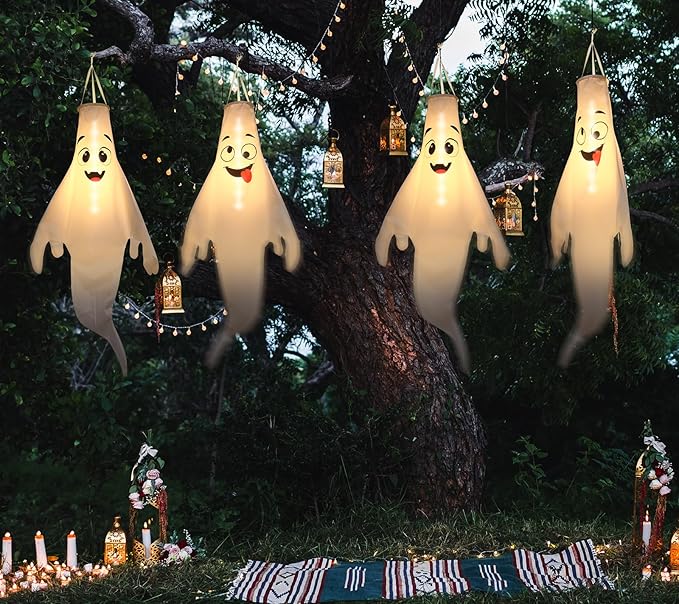 Halloween Ghost Decorations Outdoor: with Timer, 4 Pcs Cute Hanging Ghost for Tree Porch Garden Yard, Waterproof LED Ghost Halloween Decor