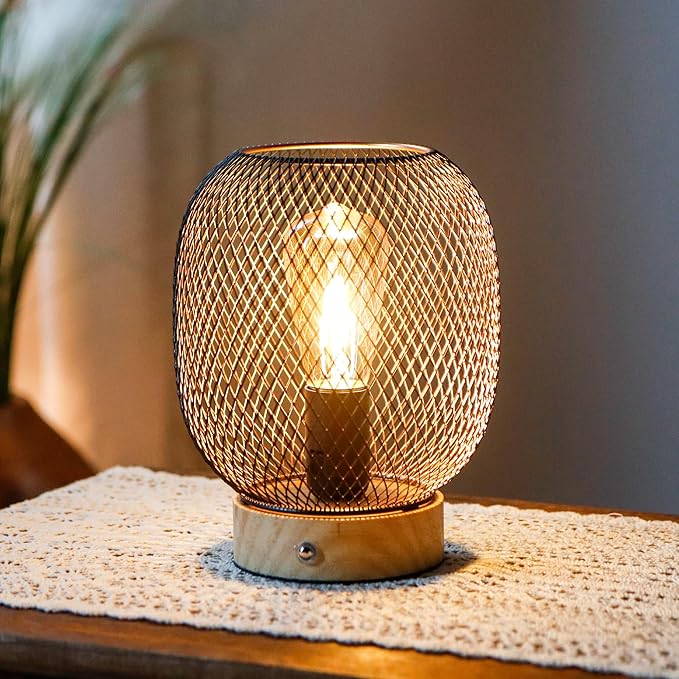 JHY DESIGN Dimmable Touch Bedside Table Lamp Metal Cage Rechargeable Battery Powered Lamp with LED Bulb for Weddings Parties Patio Events for Indoors Outdoors(Round, Wooden Base)