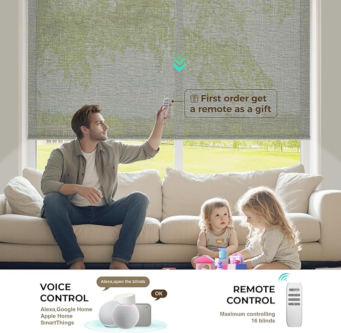 HeyBlinds Motorized Roller Shades, Smart Blinds for Windows, Remote Automatic Window Shades, Electric Shades, Light Filtering, Compatible with Alexa Google Apple Home (Sunbeam-Olive Green LF)