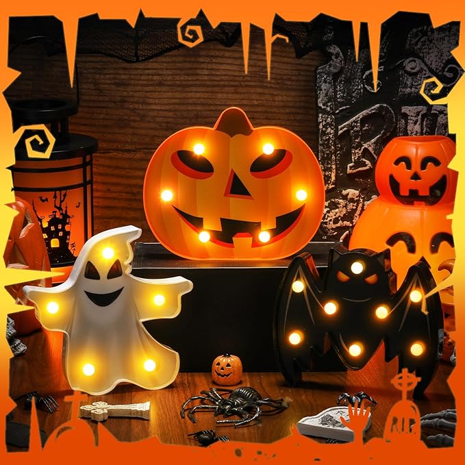 VIHOSE 3 Pcs Halloween Decoration Lights Halloween Marquee Sign Ghost Pumpkin Bat Lamp LED Desk Lamp Decorative Battery Operated Night Lights for Bedroom Table Indoor Outdoor Home Bar Party Gift
