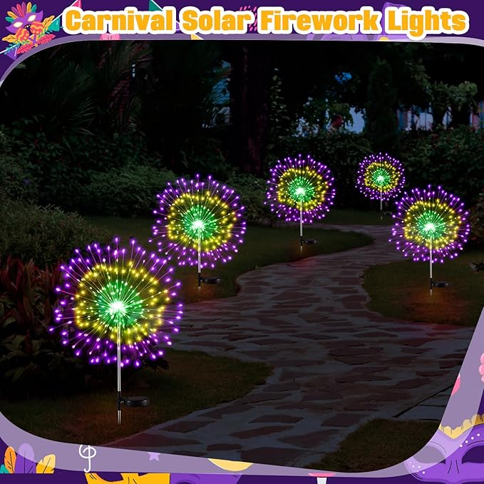 6 Pcs Mardi Gras Solar Firework Lights Solar Lights Outdoor Garden 120 LED 8 Modes Waterproof LED Sparkler Outdoor for Carnival Patio Yard Pathway Walkway (Carnival Color)