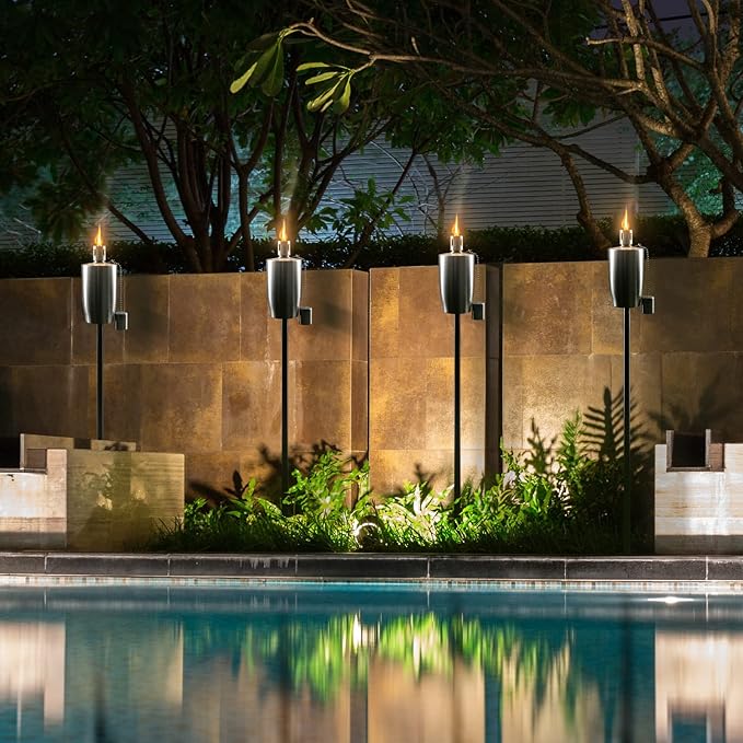 Matney Stainless Steel Outdoor Torches - Decorative Garden & Yard Lights - 5 ft Oil Lamp for Citronella - Fiberglass Wick & Snuffer Cap - Set of 4 (Cylinder)