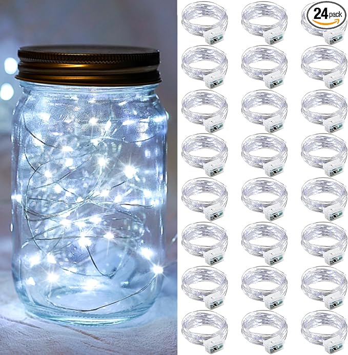 24 Pack Fairy Lights 7Ft 20 LED Twinkle String Lights 3 Modes Battery Operated Waterproof Firefly Starry for Mason Jar Wedding Party Bedroom Patio Christmas Day Table Centerpieces,Cold White
