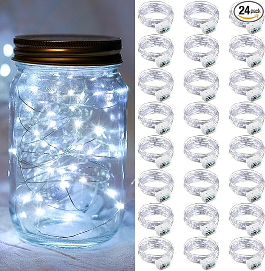 24 Pack Fairy Lights 7Ft 20 LED Twinkle String Lights 3 Modes Battery Operated Waterproof Firefly Starry for Mason Jar Wedding Party Bedroom Patio Christmas Day Table Centerpieces,Cold White