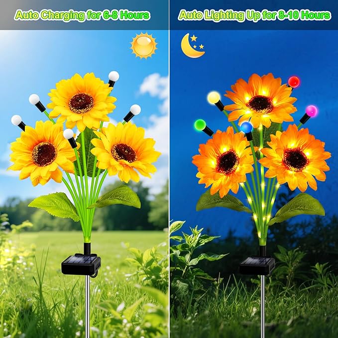 Solar Garden Lights-4 Pack Solar Sunflowers with Multicolor Changing Swaying Firefly Lights,Gifts for Mom Women Mothers Day Birthday,Waterproof Firefly Sunflower Light for Outdoor Patio Yard Decor