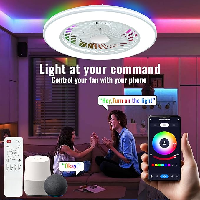 24'' Low Profile Bladeless Ceiling Fans with Lights, Remote/APP/Alexa Smart Control, RGB & 3CCT Dimmable, Flush Mount Ceiling Fan with 6-Speed Reversible for Bedroom Living Room Kid's Room