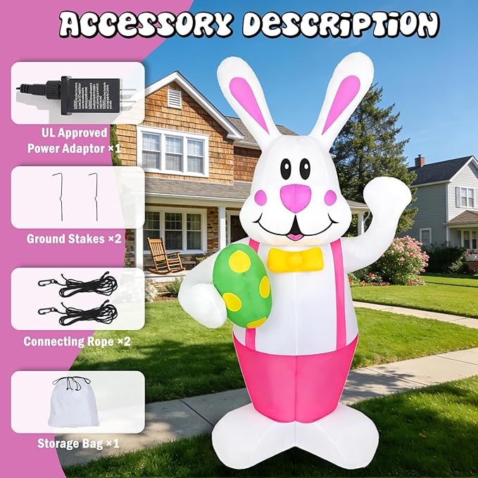 Dearsun 6.2FT H Adorable Easter Bunny Inflatables Outdoor Decorations Easter Bunny Blow up Yard Decorations with LED Lights for Holiday Party Indoor Outdoor Décor