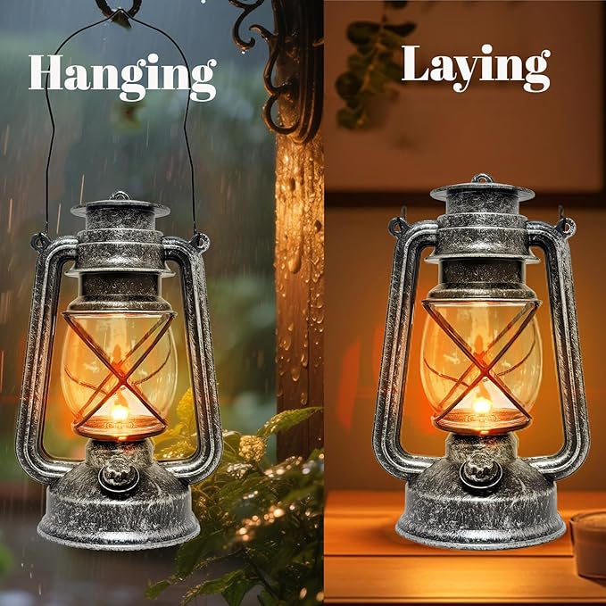 Vintage LED Outdoor Lantern Battery Powered Lanterns with Flame Wick Waterproof Camping Lamp Non-Solar Hanging Lantern Lights Landscape Decor for Indoor/Outdoor Use- Silver Color