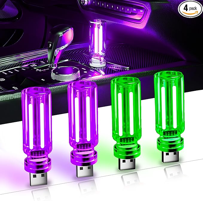 USB Car Night Light,Touch Dimmable Mini LED Lights,Portable Retro Glass Bottle Decorative Lights for Car Interior, Bedroom,Hallway & Party Decor,4-Pack (2Purple&2Green)