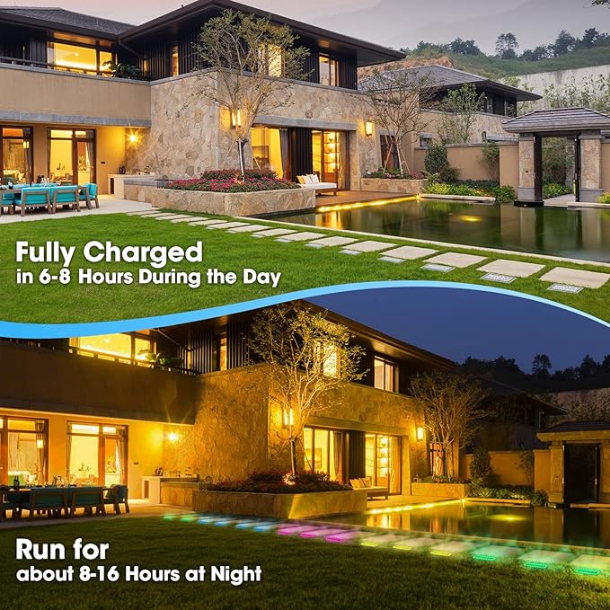 Solar Paver Lights, 4x8 Brick Driveway Lights, IP67 Waterproof Outdoor Pathway Light, Recessed Landscape Lighting for Walkway, Patio, Garden, Lawn, Yard, Pool, Pavers, Warm White+RGB, 2 Pack