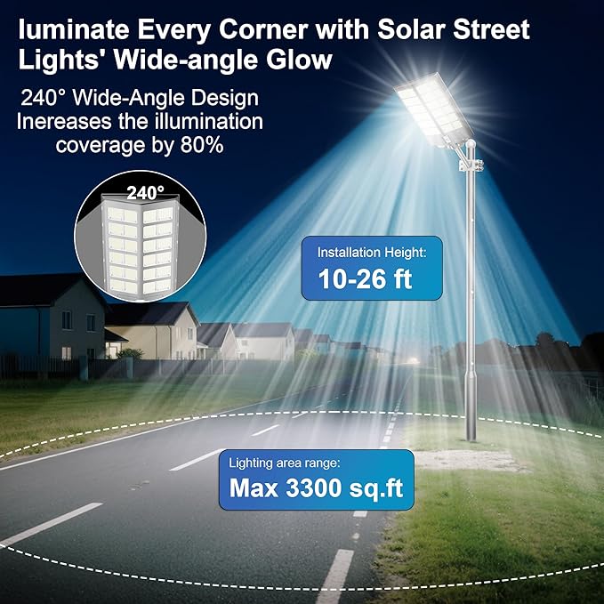 Solar Street Lights Outdoor Waterproof 9000W - LED Solar Powered Street Light Dusk to Dawn with Mention Sensor, Heavy Duty Large Outdoor Solar Lights for Commercial Parking Lot/Garden/Yard/Pathway