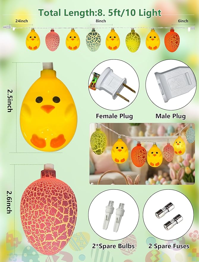 8.5Ft Easter String Lights, 10 LED Multicolored Cracked Eggs and Chicken Fairy Lights, Plug in Waterproof IP44 Spring Garland, UL Listed Outdoor Lights for Easter Home Garden Party Patio Decor