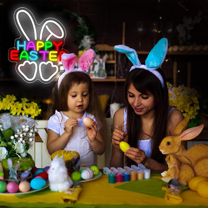 Happy Easter Neon Sign for Wall Decor Easter Bunny Neon Light for Man Cave Kids Bedroom Rabbit LED Light for Birthday Spring Festival Decoration for Nursery Girls Bedroom Size13.8 * 11.2 Inch(P038)