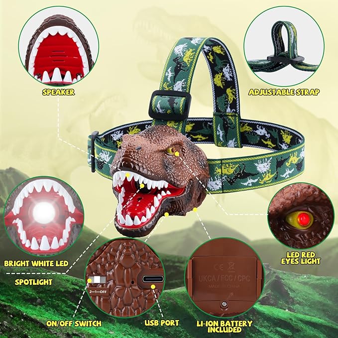 Dinosaur Headlamp for Kids Flashlight Rechargeable Led Headlights Roar & Silent Mode, T-Rex Dinosaur Toys for Kids 3-5 4-6 5-7 6-8, Camping Gear, Easter Gifts for Boys Girls Adults