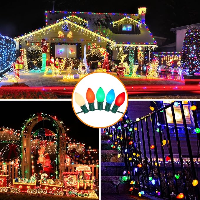 C7 LED Multicolor Christmas Lights 20Ft Outdoor String With 22 Ceramic Bulbs, Hanging Vintage Decorations for Party Indoor Outdoor, Green Wire