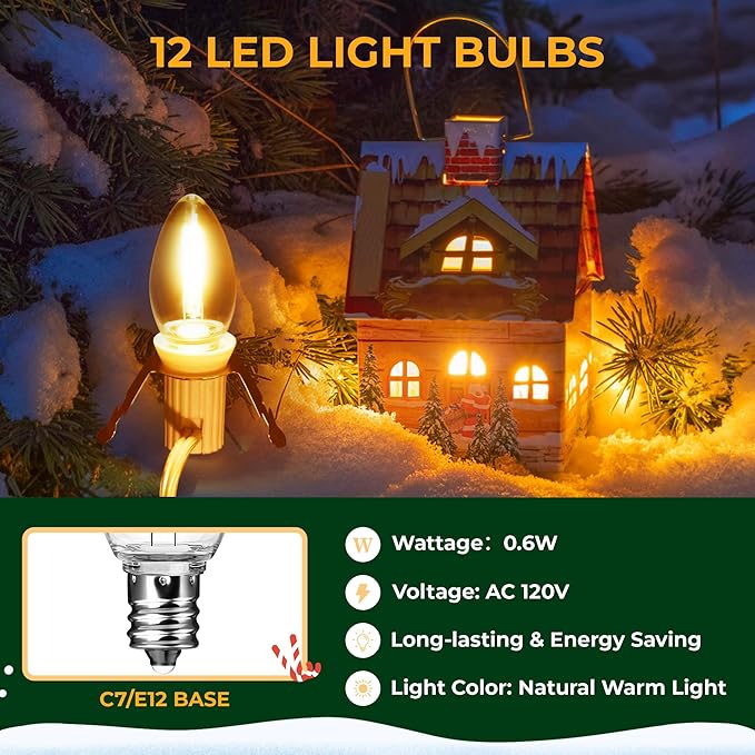 2Pack Christmas Village Lights with 12LED Light Bulbs and Outlet 11.6FT Light Cord with Spare Fuse Warm White C7 Lamp Villages Houses Lights for Halloween Pumpkins Christmas Village Houses Craft Decor