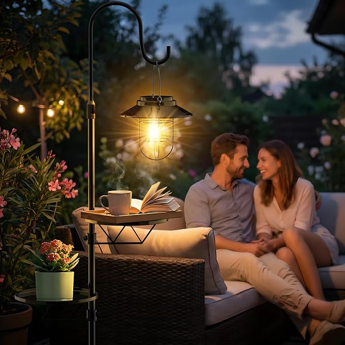 61" Solar Lights Outdoor with Plant Stands - Metal Shepherd Hook with Hanging Solar Lantern, Waterproof Solar Floor Lamp Garden Lights for Patio Deck Yard Porch Backyard & Indoor Decor