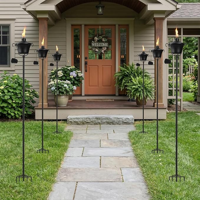 6 Pack Outdoor Garden Torch, 15 oz Outdoor Citronella Torches, 58 Inch 5-Prong Grounded Stake Torches, Metal Torches with Fiberglass Wick for Yard, Patio, Deck, Garden, Party, Landscape ﻿