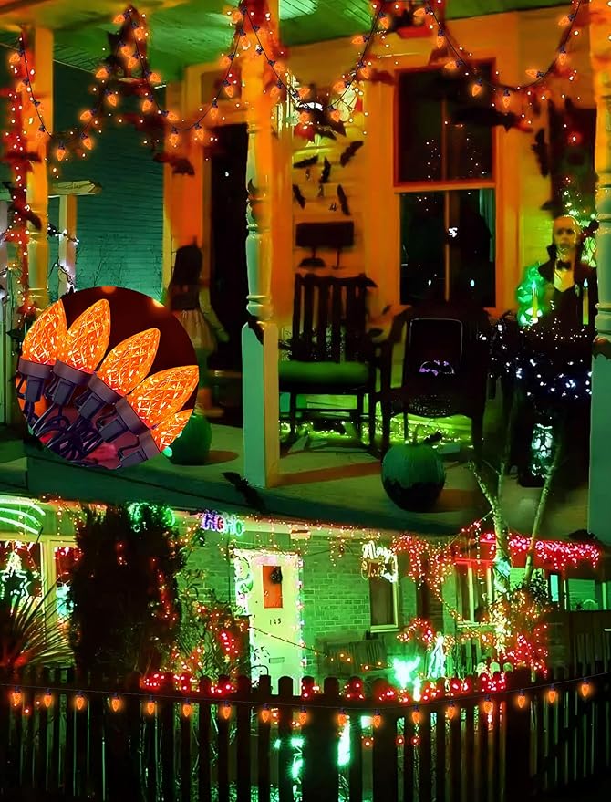 Orange Halloween String Lights Outdoor, 26Ft Halloween Decorations Lights with 50 C7 LED Strawberry Orange Bulbs, Hanging Outdoor Patio Light for Outside Roofline Fall House Window Holiday Party Decor