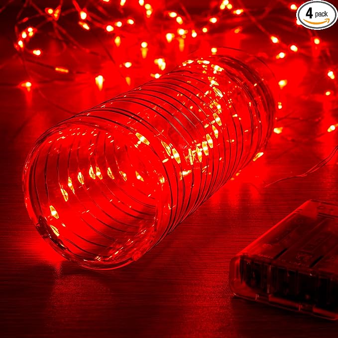 4 Pack 16.4ft Battery Operated String Lights with Timer, Red with Synchronized Twinkle Mode, Fairy Lights Battery Powered, 50 LEDs, Idea for Christmas Bedroom Party Wedding