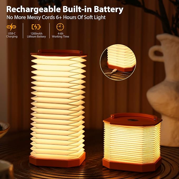 Portable Paper Lamp,White Accordion Desk Lamp,Japanese Lanterns lamp for Home Decoration and Gift,Dimmable Bedside Lamp,1200mAh USB Powered Night Light for Bedroom,Office,Reading （Orange