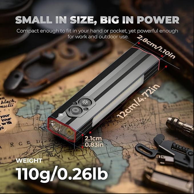 Favourlite Flat Rechargeable Flashlight, 1200 Lumens Magnetic Pocket Work Light with Clip, RGB Side Light & Red Beam, 4 Light Sources for Camping & Emergencies