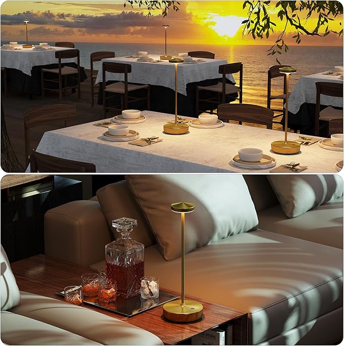 Cordless Table Lamp Rechargeable 2Pack - LED Battery Table Light with 3 Color Temperatures, Stepless Dimming, Waterproof Aluminum for Indoor Outdoor, Patio, Restaurant, Dinner (Brushed Gold)