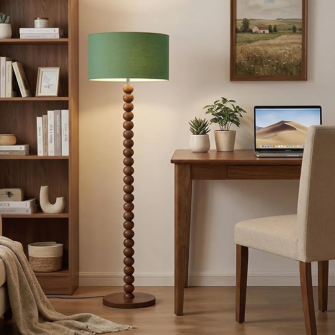 Buruis 61" Beaded Wood Floor Lamp with 17.2" Large Linen Shade, UL Listed, Retro Mid-Century Accent Walnut Finish Standing Lamp for Living Room, Bedroom, Office, Corner, Green