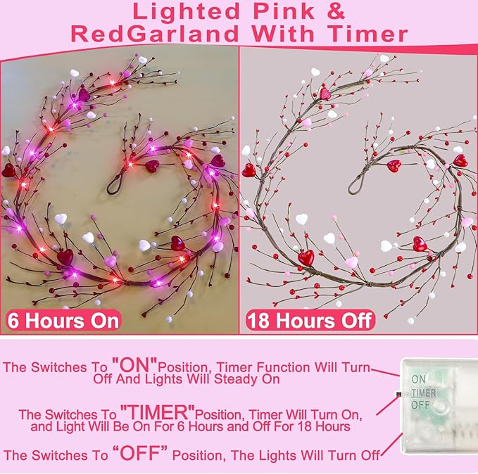 6Ft 20LED Valentines Day Decorations, Valentines Day Garland with Red & Pink Lights Timer Red Pink White Hearts Berried Artificial Lighted Valentine Garland for Home Table Mantle Wedding Decorations