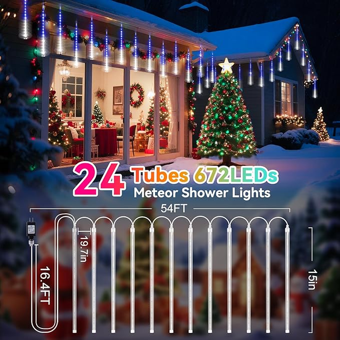 KNONEW Christmas Lights Outdoor, 15 inch 24 Tubes 672 LED Meteor Shower Lights Plug in Waterproof Falling Rain Light for Xmas Tree Wedding Party Garden Holiday Decorations (Blue and Cool White)