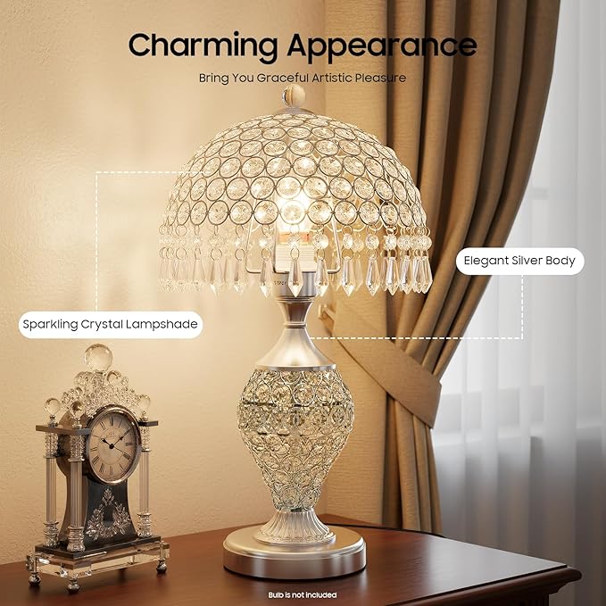 Touch Control Glass Table Lamp, K5 Crystal Nightstand Desk Lamp Vintage Desktop Bedside Lamp for Bedroom, Read, Office, Home (Silver)