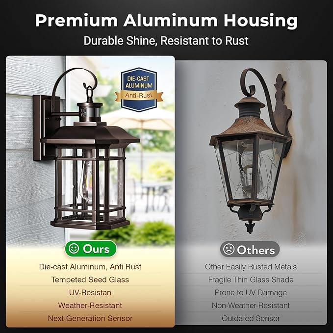 VIANIS Large Oil Rubbed Bronze Motion Sensor Outdoor Light, Distance and Time Adjustable Dusk to Dawn Outdoor Lighting, Waterproof Anti-Rust Exterior Lighting Fixtures for House, Doorway, Garage