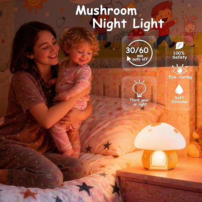 Kids Night Light, Kawaii Bunny Mushroom House Silicone Night Light with Tap Control, 3-Step Dimmable, 30/60 Min Auto-Off Timer, Rechargeable Bedside Nursery Lamp (Yellow)