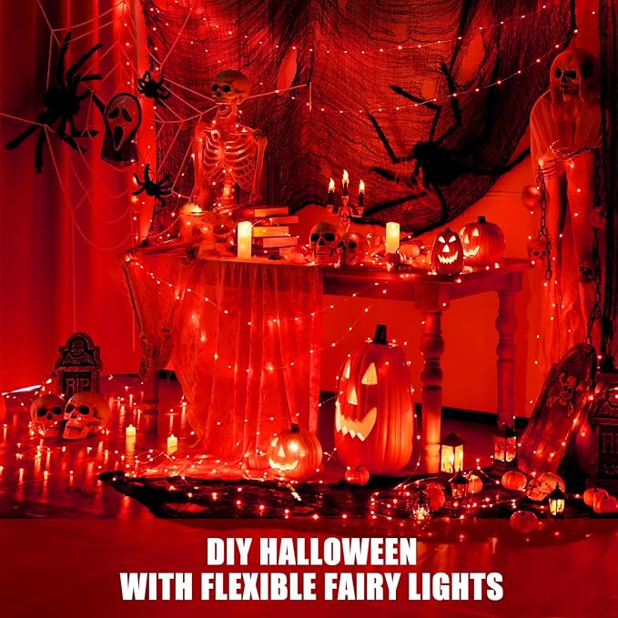 JMEXSUSS 2 Pack Red Fairy Lights Battery Operated, Total 400 LED 132ft Halloween Lights with Remote, 8 Modes Twinkle String Lights for Bedroom Wreath Tree Xmas Valentine Halloween Decorations
