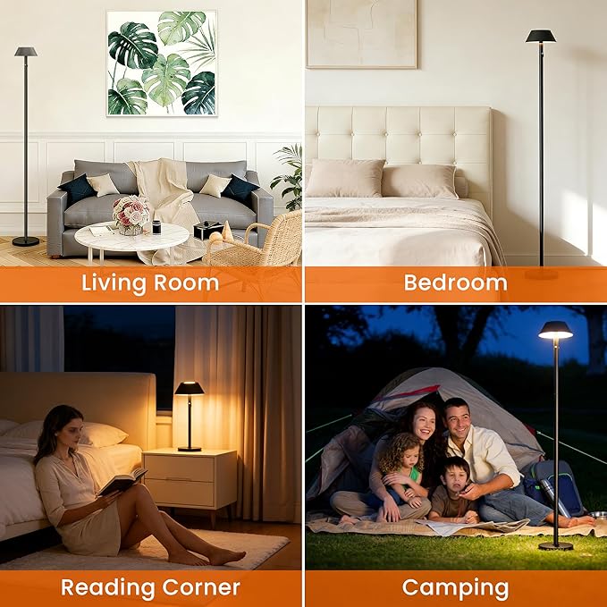 Cordless Floor Lamp Dimmable Rechargeable - Indoor/Outdoor Cordless Tall Standing Lamp with 3 Color Temps & Stepless Dimmable, Waterproof Outdoor Floor Lamp for Living Room, Bedroom, Patio