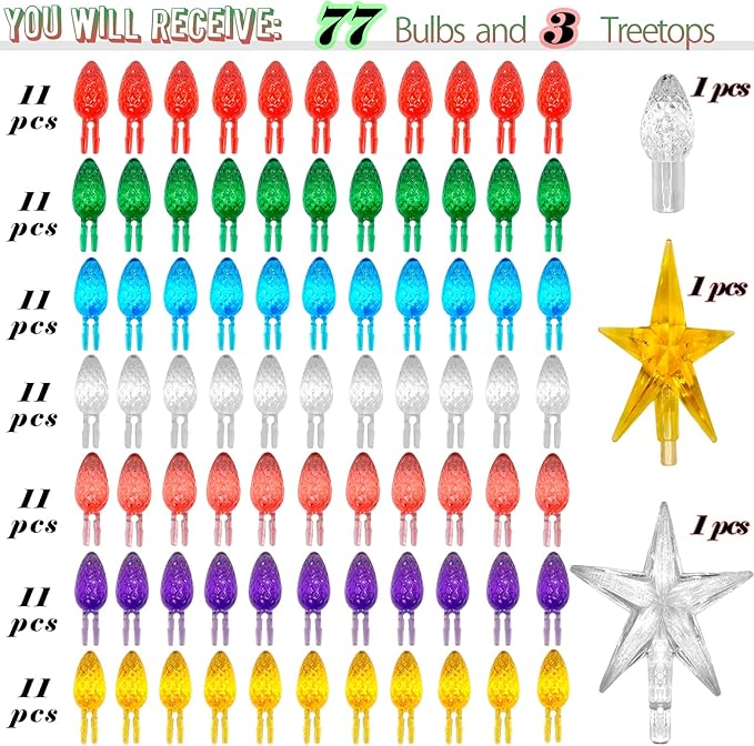 Large Replacement Light Bulbs for Big Ceramic Christmas Trees,（77 PC &3 Treetop Stars） Multicolor Pineapple Tree Pegs Accessories for Decorating 16 to 30in Ceramic Christmas Tree, etc.