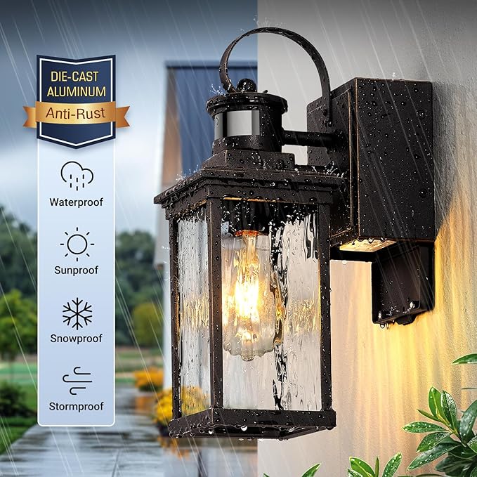 Exterior Lighting Fixtures Wall Mount for Garage with GFCI Outlet, Oil Rubbed Bronze Gold Trim Farmhouse Motion Sensor Porch Lights Outdoor, Outside Sconces for House with Water-Ripple Glass